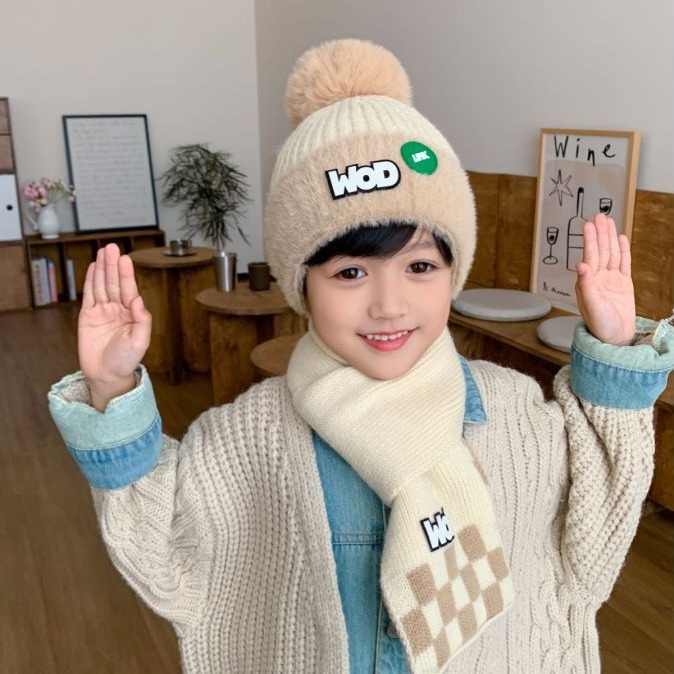 Children's Hat Scarf Suit Winter Korean Style Boys and Girls Thickened Knitting Woolen Cap Baby Earflaps Warm Hat