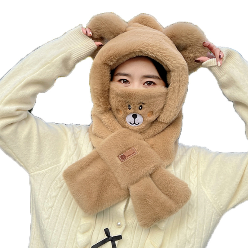 Bear Hat Scarf Integrated Female Autumn and Winter All-Matching 2023 Cycling Cute Warm Hooded Plush Scarf Hat