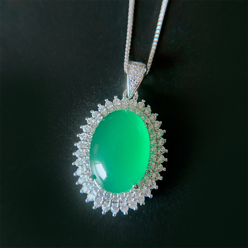 Zhuang Sheng Jewelry S925 Whole Body Silver TikTok Hot Sale Emerald Green Chalcedony Pendant Ring Earings Set