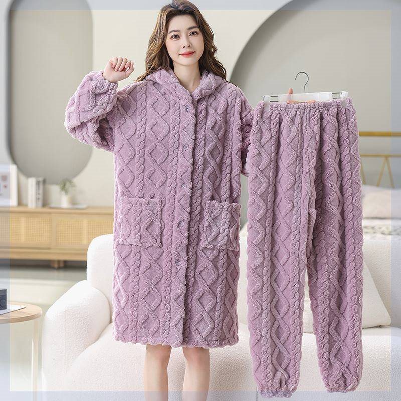 加厚提花长款珊瑚绒睡衣女士秋冬睡袍浴袍连帽家居服外穿加绒保暖