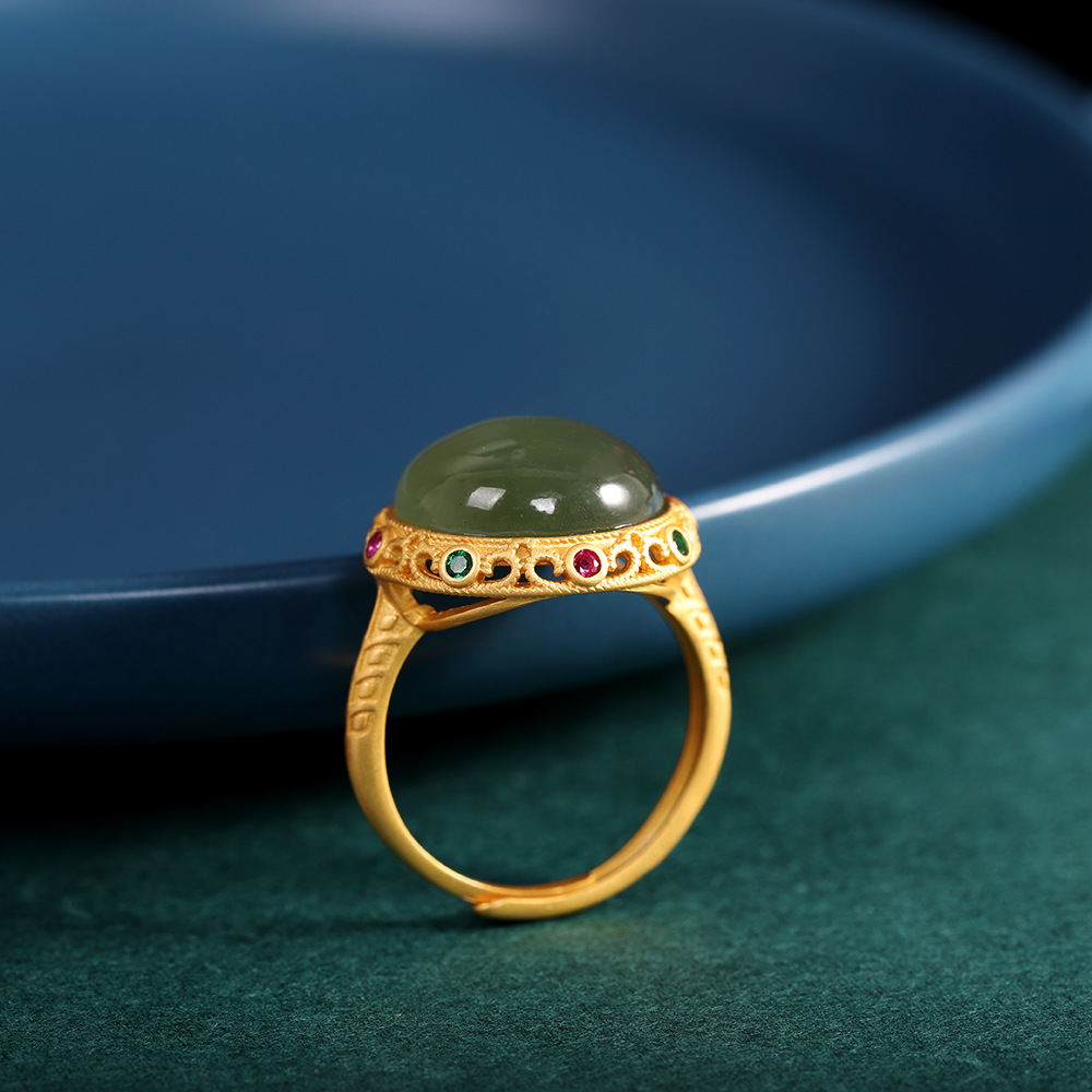 人品银品 s925银镶嵌 和田玉青玉几何戒指 时尚国风女式开口戒指