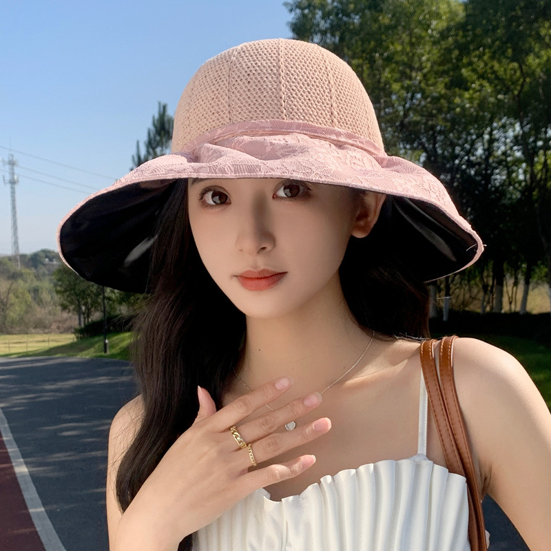 New Summer Women's Knitted Head Breathable Sun Hat Wide Brim Bow Bucket Hat Outdoor Sunscreen Lace Bucket Hat