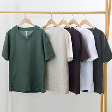 L998 中国风复古儒雅亚麻纯色V领短袖T恤男 个性简洁休闲体恤上衣