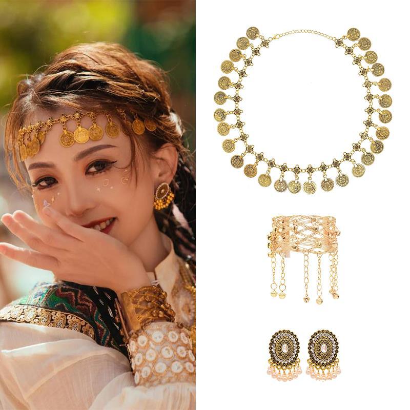 异域风情流苏发饰额头链金属钱币印度西域波西利亚耳环手镯额饰品