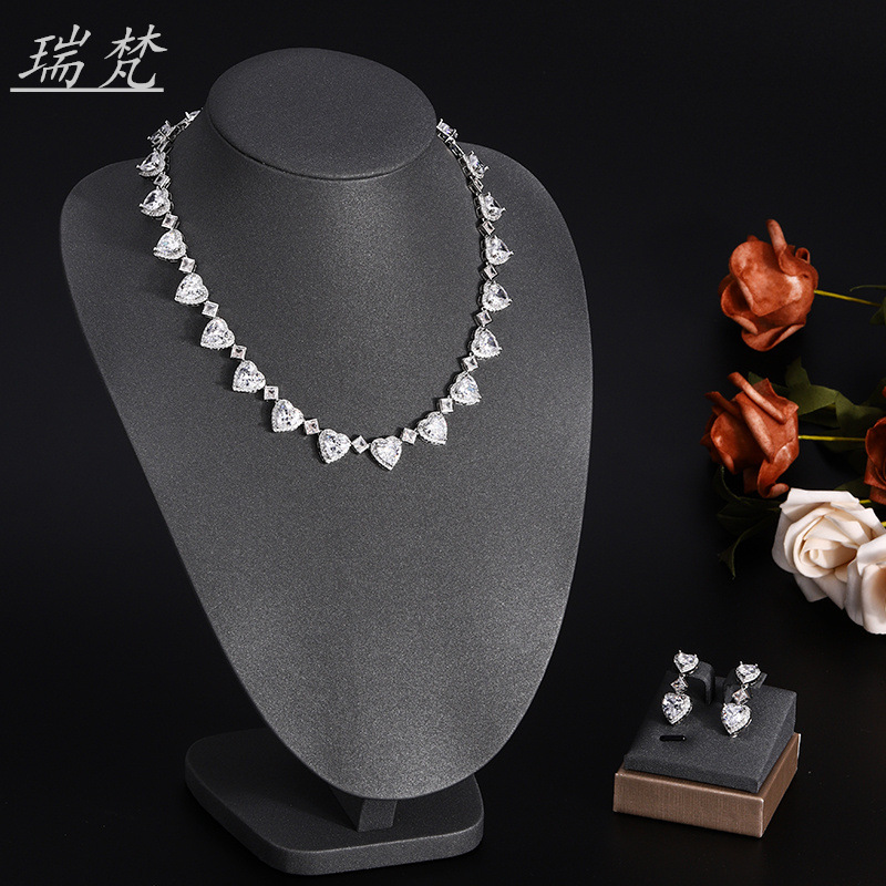 瑞梵爱你项链女二件套装锆石爱心心形耳钉女欧美跨境热销饰品批发