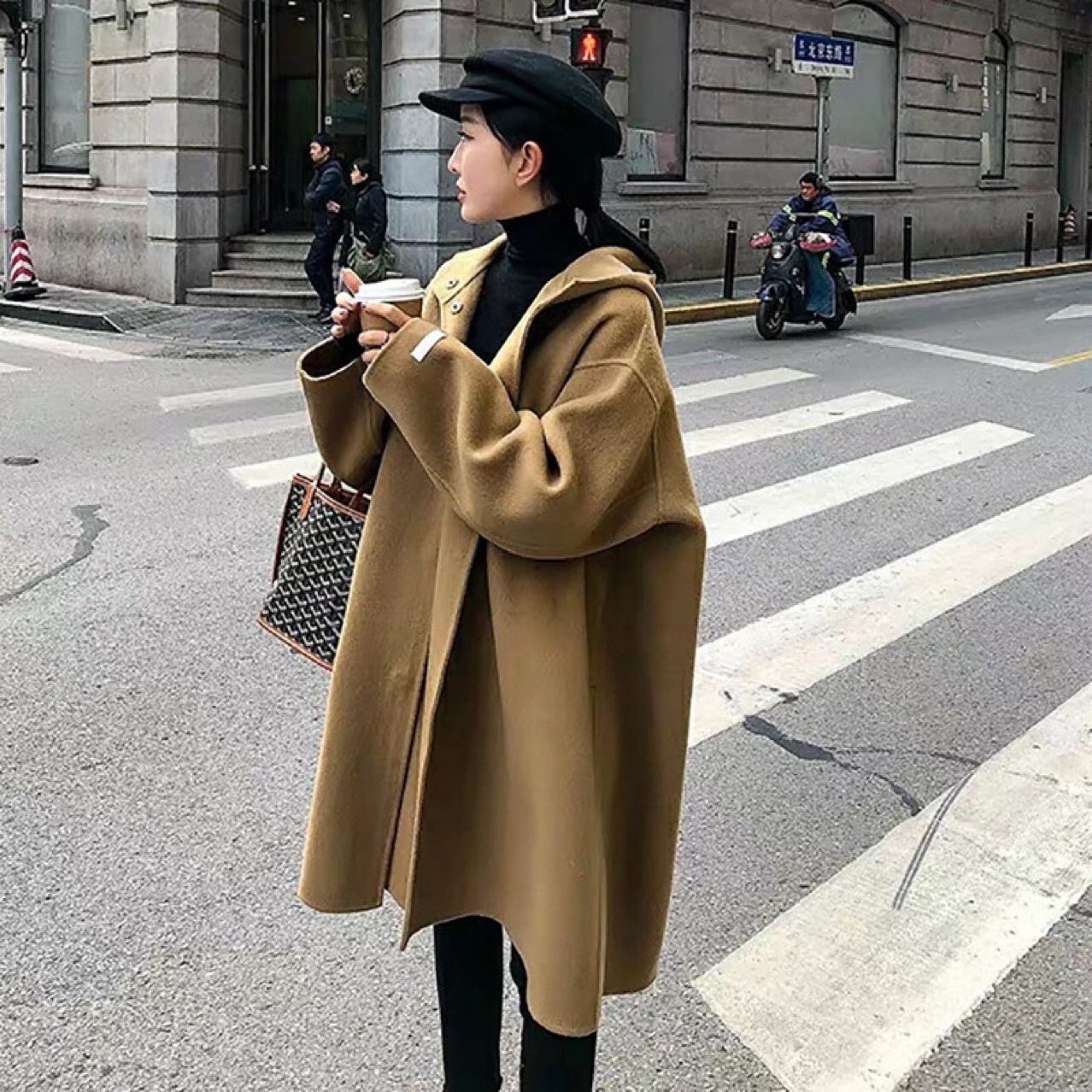 现货 韩国双面羊绒羊毛大衣斗篷戴帽款 女式毛呢外套