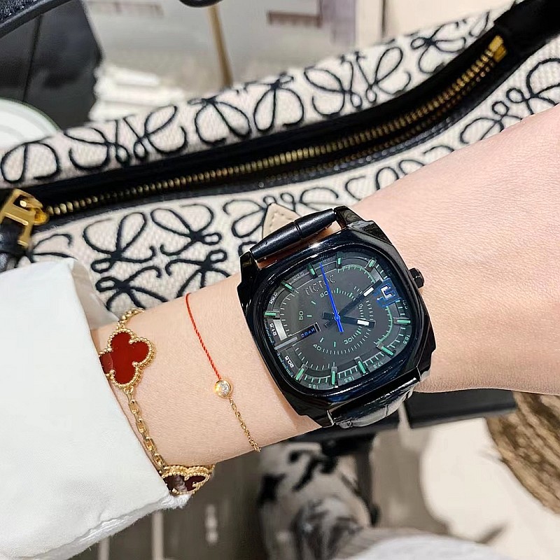 tictoc女款潮流个性时尚黑色方形绿色皮表带女士手表中性女表大盘