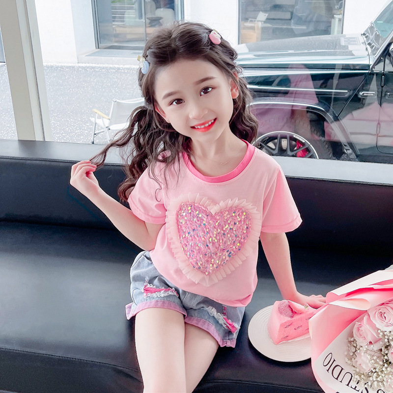 女童网红炸街时髦牛仔短裤女装2024新款洋气夏季儿童宝宝夏装套装