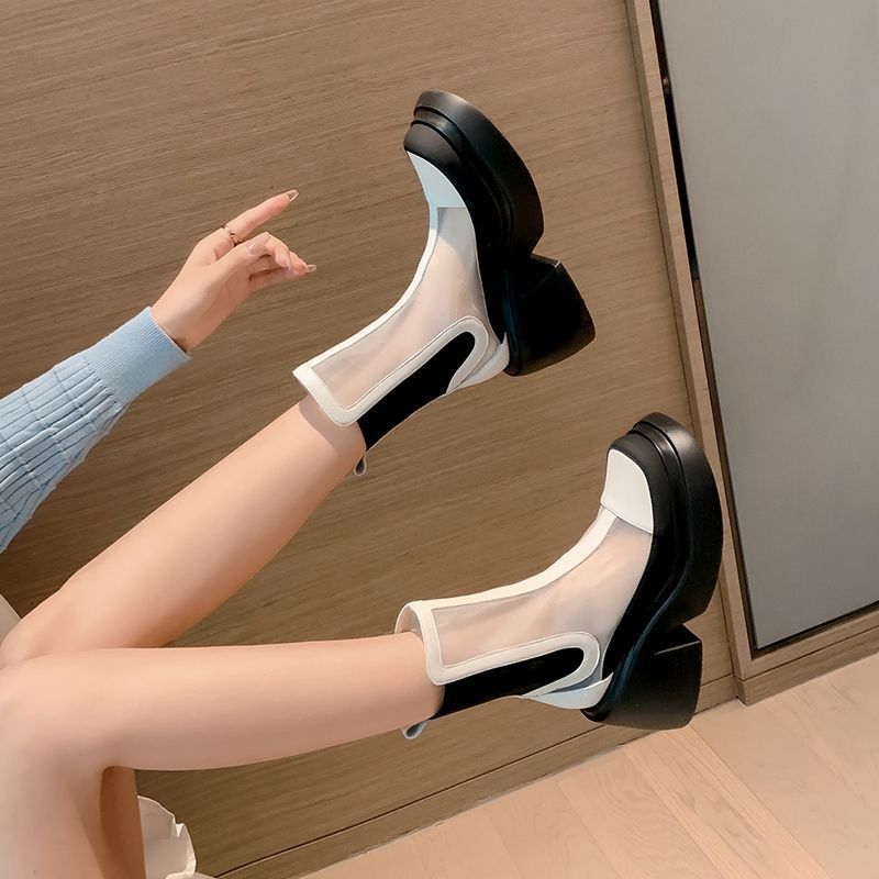 夏季薄款镂空短靴女2024新款厚底网纱透气粗跟洞洞网靴高跟凉靴