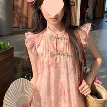 中国风小飞袖印花短款连衣裙晕染夏季新中式盘扣甜美娃娃上衣女文