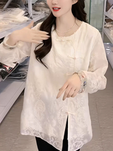 新中式国风蕾丝衬衫女士2024春季新款复古盘扣宽松大码中长款上衣