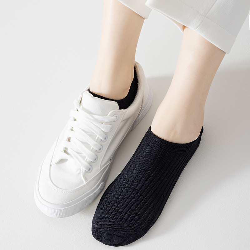 Double Needle Socks Boat Socks Women Spring and Summer Solid Color All Cotton Socks Women with Silicone Non-Slip Tight Low Top Invisible Socks