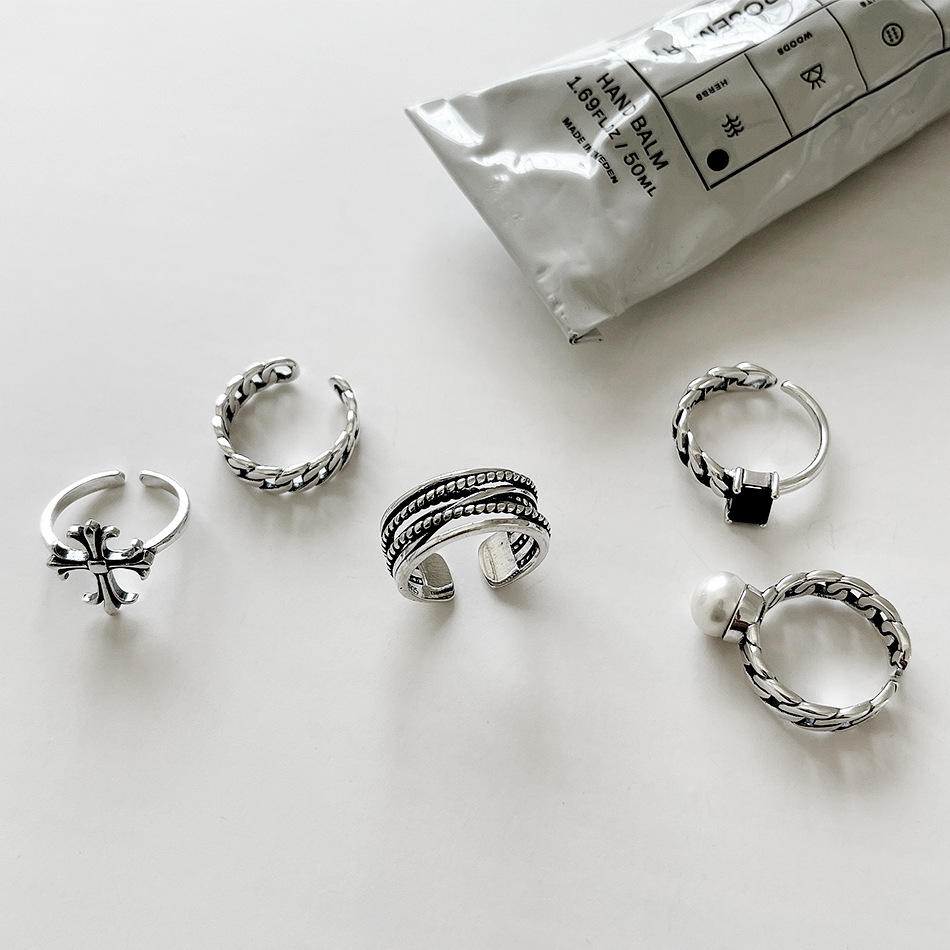 韩国韩版s925纯银简约复古泰银锁链方条开口戒指指环