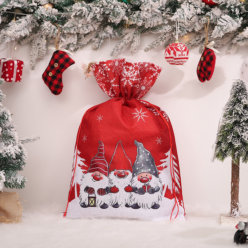 Christmas Decoration Linen Printing Forest Man Gift Bag Drawstring Gift Packaging Bag Children Festival Candy Bag