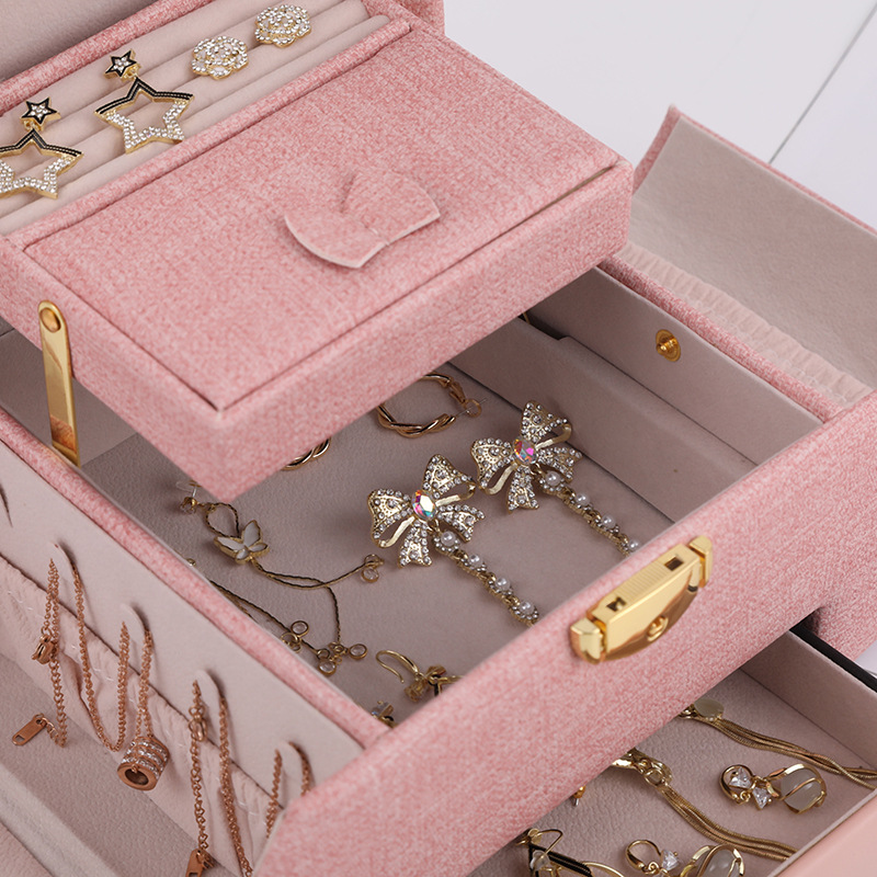 Korean Layered Dustproof Desktop Cosmetics Storage Box PU Leather Jewelry Box Wholesale Earrings Necklace Jewelry Box
