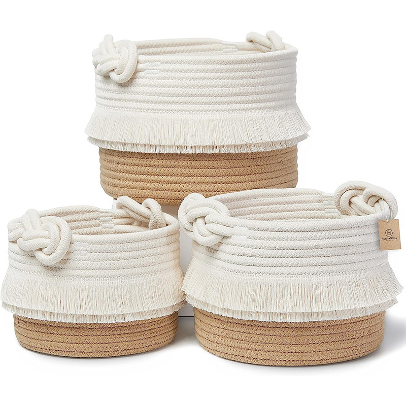 跨境棉线编织收纳筐带流苏收纳篮子家居钥匙玩具杂物储物篮现货