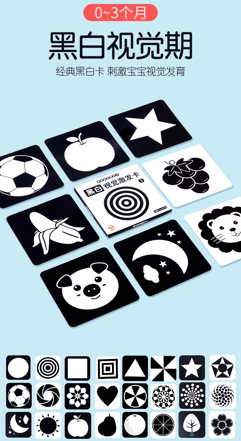 幼童0-3个月黑白视觉激发卡图形认知卡婴儿彩色潜能开发卡早教卡