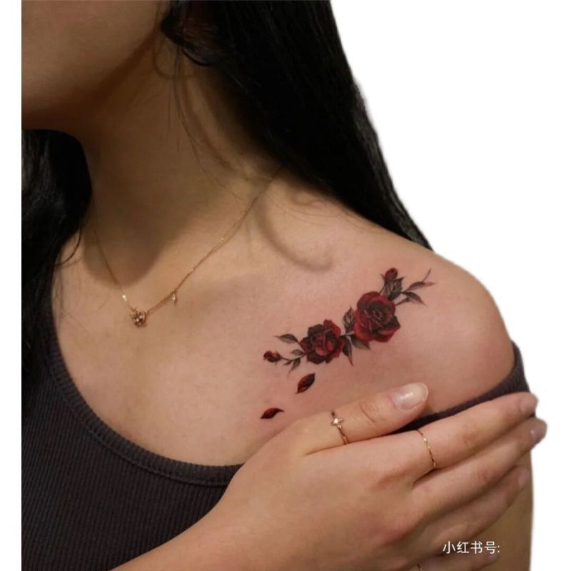纹身贴贴纸玫瑰花胸前暗黑红色蝴蝶刺青防水持久女男潮图案批发