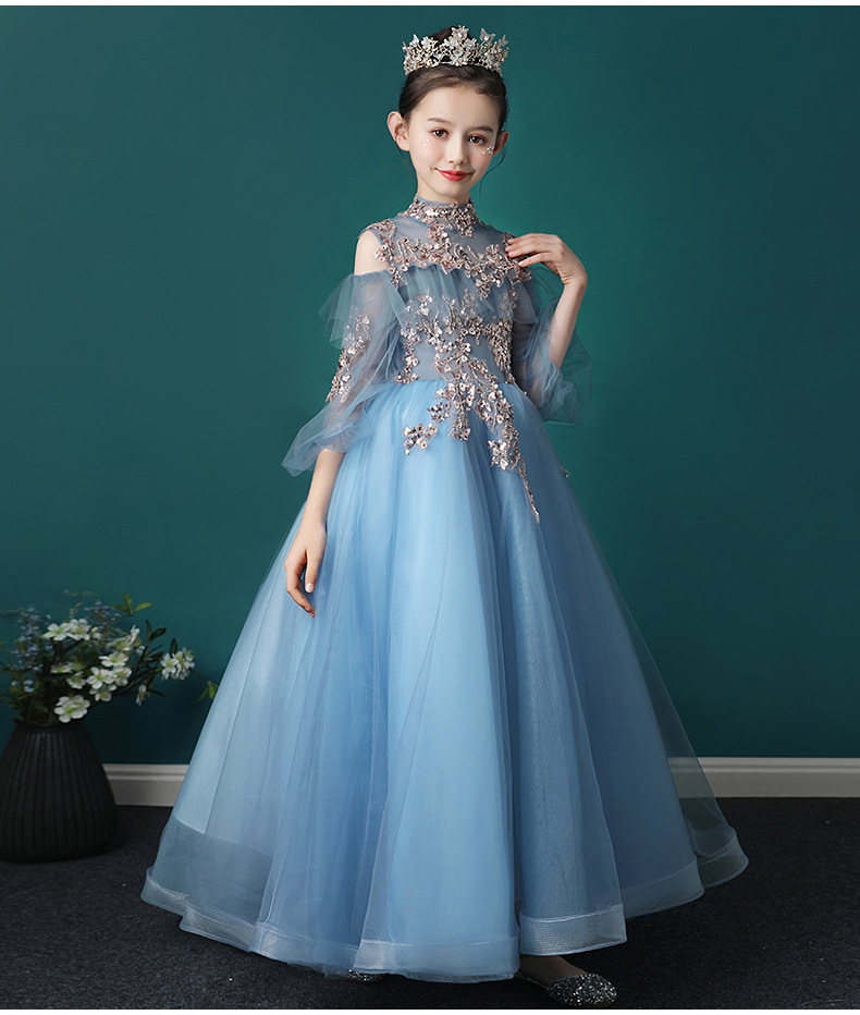 儿童礼服公主裙冬季2021新款女童主持人走秀钢琴演出服婚纱拖尾裙