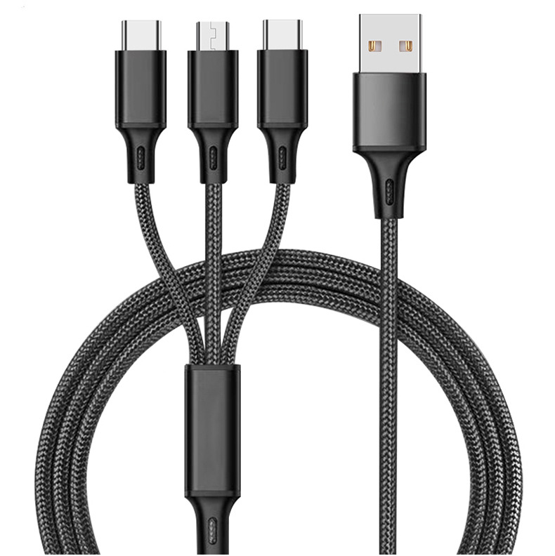 Nylon Woven Three-in-One Data Cable Three-in-One Multi-Head 2A Fast Charging Cable Logo Small Gift Factory Wholesale