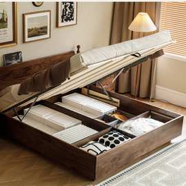 北美黑胡桃全实木高箱床樱桃木中古风1.5米1.8气压悬浮储物主卧床