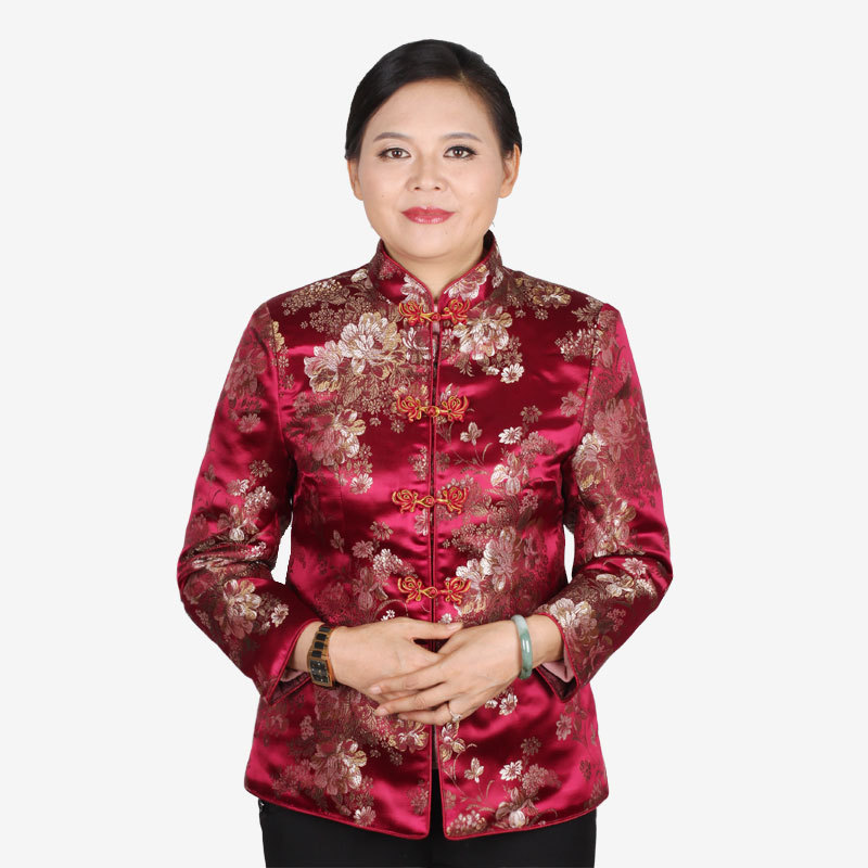 女士真丝缎子加棉唐装外套棉服上衣紫红绸缎面奶奶妈妈唐服夹棉袄