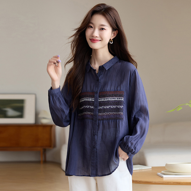 2024初秋新款文艺复古刺绣翻领100%苎麻衬衫显瘦休闲宽松上衣女薄