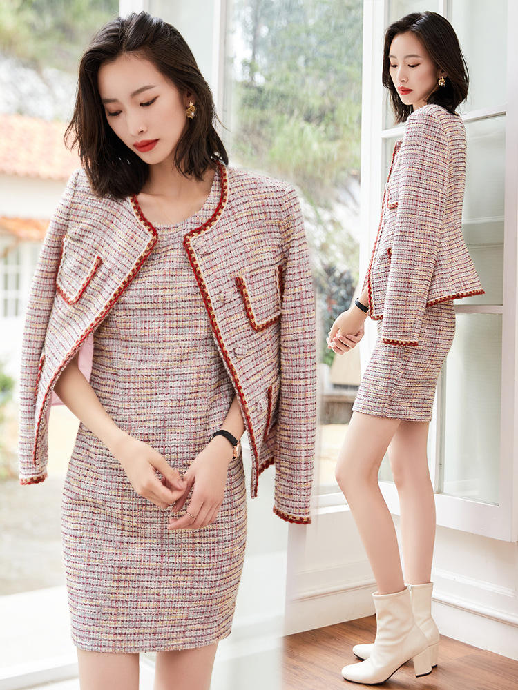 时尚套装女格子长袖西装轻熟名媛气质女神范套裙网红小香风两件套