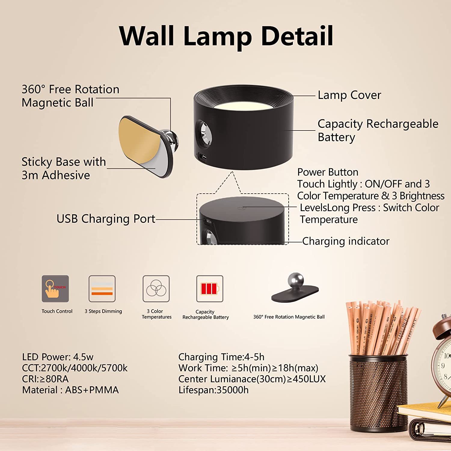 New Magnetic Touch Remote Control Wall Lamp 360 Degree Adjustable Reading Light Punch-Free Usb Rechargeable Wall Lamp