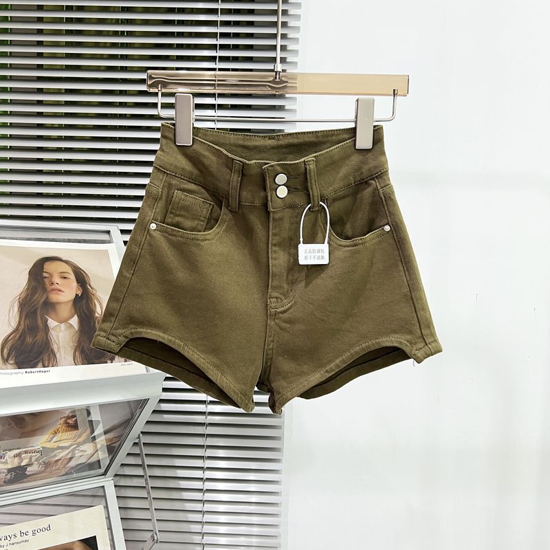 Khaki Denim Shorts Women's 2023 New Spring and Summer American Minimalist High Waist Stretch Hip Lift Hot Pants for Hot Girls