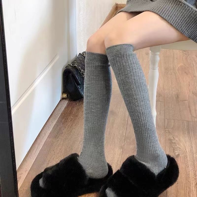 Calf Socks Autumn and Winter Thick Warm Stockings Preppy Style Slimming Stripes Bunching Socks Solid Color Socks Boots Socks