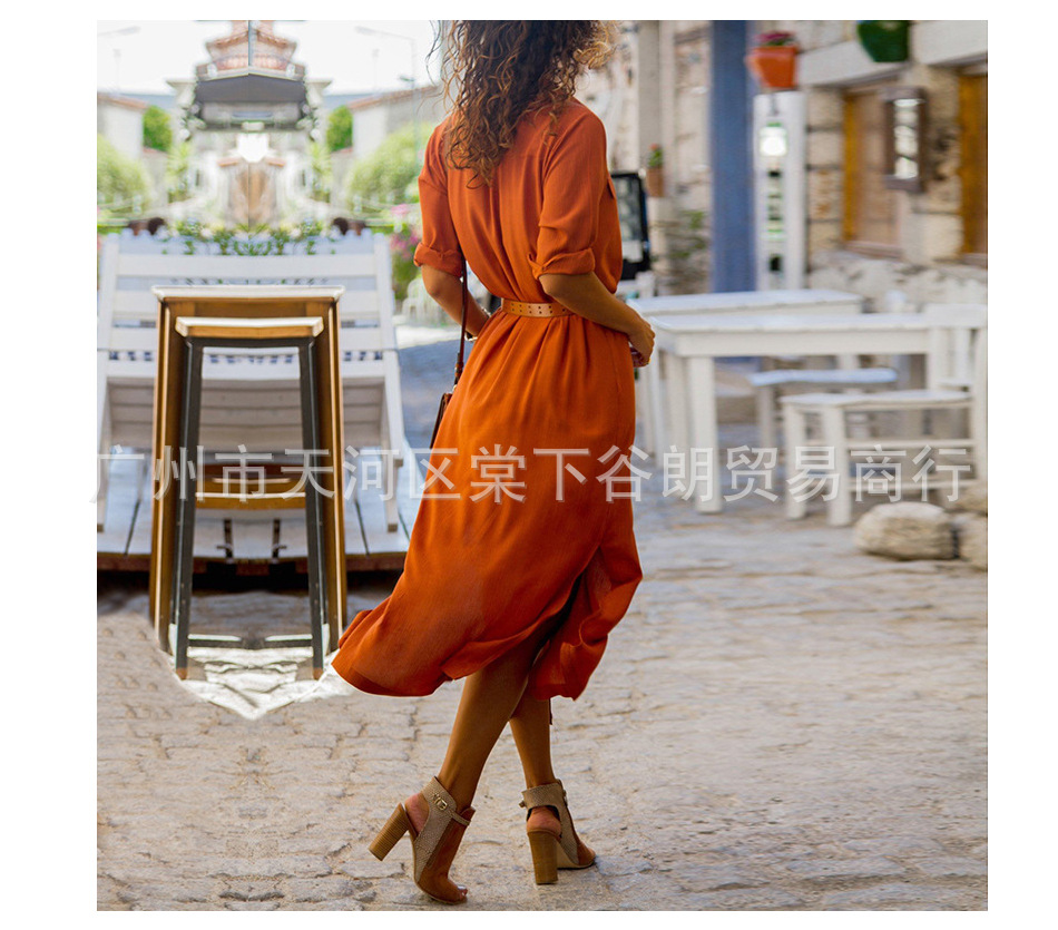 2022 Spring and Autumn Best-Selling EBay AliExpress New Long Sleeve Split Long Dress with Original Belt 6 Colors in Stock