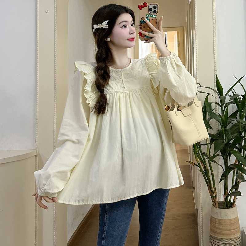 2024春季孕妇装法式宽松时尚荷叶边拼接衬衫新款简约遮肚孕妇上衣