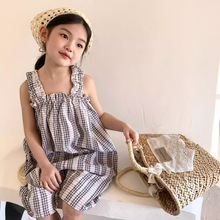 2024年夏季新款韩版刺绣蕾丝格子吊带连体裤中小女童儿童洋气时尚