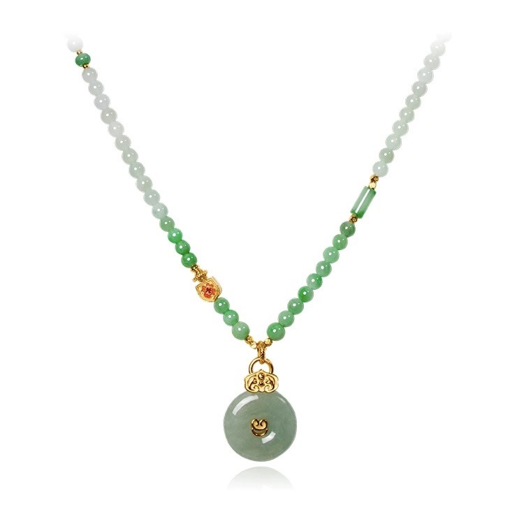 Natural Icy Emerald round Jade Pendant Pendant Necklace Women's Enamel Multi-Treasure Clavicle Chain Special Interest Light Luxury Jewelry