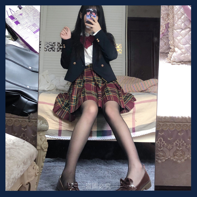 成品布深夜幻境山楂树jk制服裙正版套装黑丝红色格裙夏