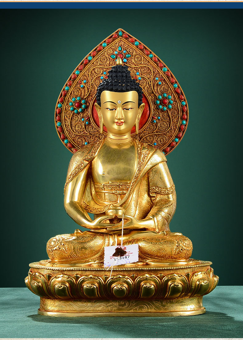 佛缘汇阿弥陀佛藏传佛教摆件尼泊尔手工铜全鎏金三宝佛佛像12寸