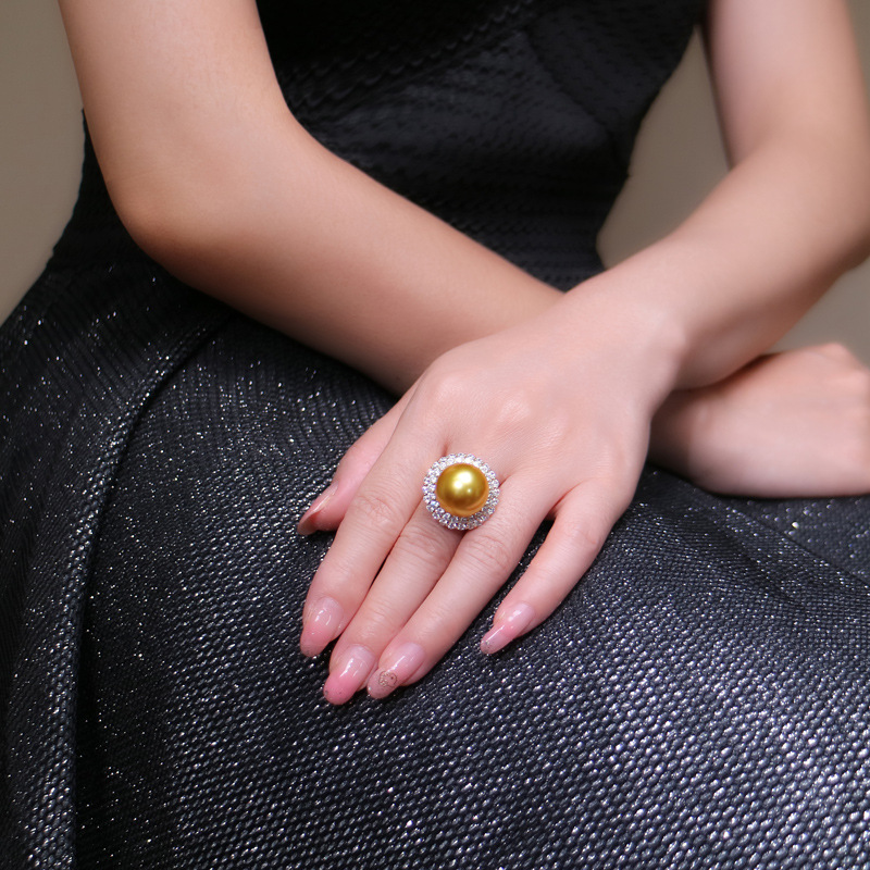 顺景珠宝轻奢淡水大珍珠纯银带钻戒指南洋浓金色金珠时尚个性女