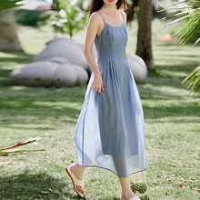 度假旅游海边设计感宽松吊带裙长裙气质天丝圆领显白蓝色连衣裙女