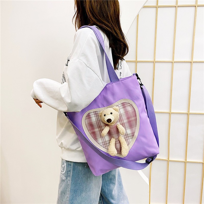 Middle School Student Class Bag New Casual Portable Shoulder Bag Female Canvas Large Capacity Bear Student Make-up Class Messenger Bag