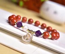 南红玛瑙圆珠加紫水晶刻靣手链 尺寸8mm左右 女款