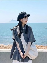 日系复古格子短袖衬衫女夏2024设计感小众衬衣韩系宽松娃娃衫上衣