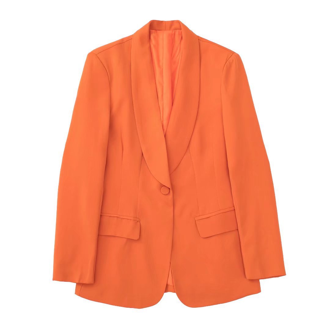 批发跨境2022欧美风夏女装新款橘色礼服领西装外套西服a9ms6632