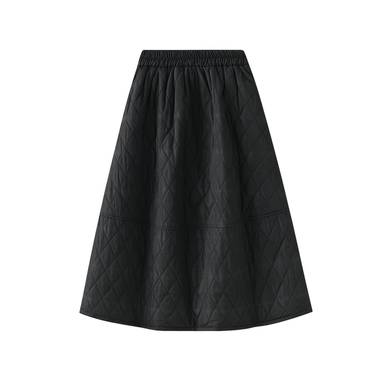 黑色菱格夹棉裙子蓬蓬半身裙泡泡裙女秋冬大摆高腰a字伞裙8836