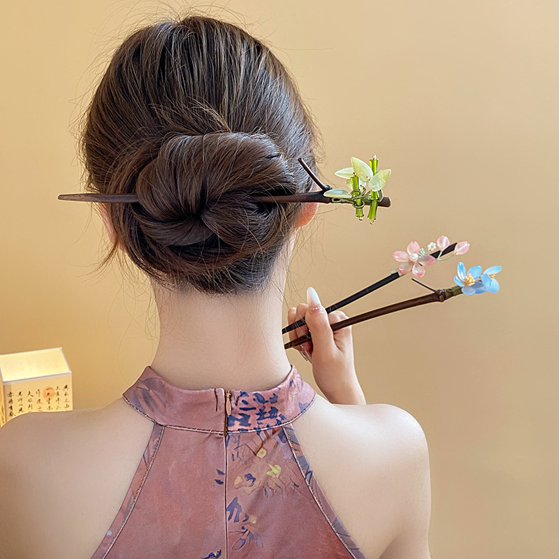 New Chinese Style Sweet Flowers Bamboo Bamboo Leaves Wooden Hair Clasp Hairpin Ancient Style Updo Hair Clasp Stylish Hair Accessories Wholesale Female