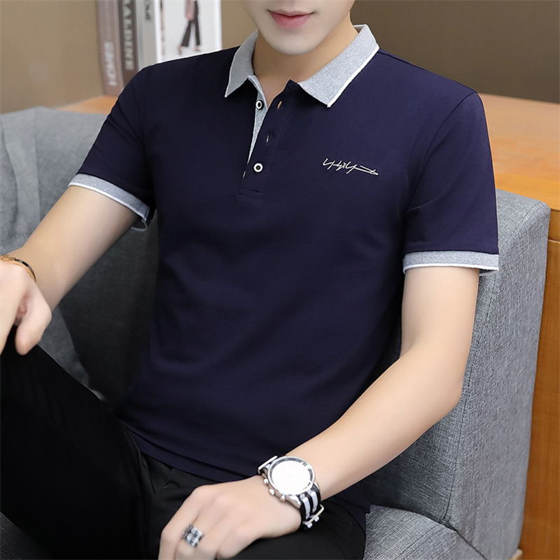 New Summer Lapels Cotton T-shirt Business Clothes Youth Middle-Aged Embroidered Top