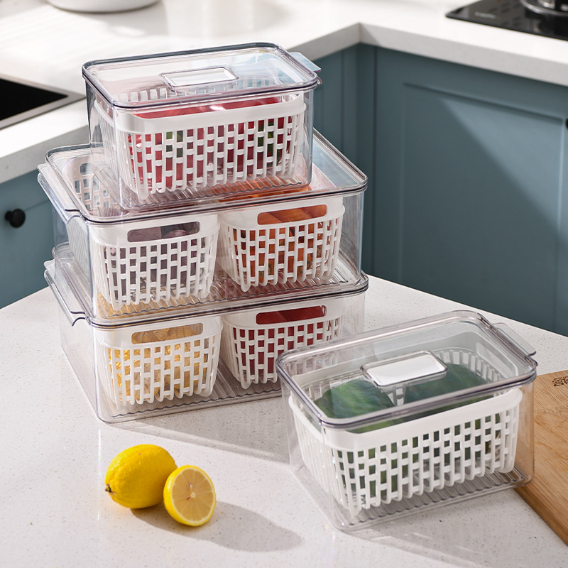 麦宝隆 pet厨房水果蔬菜收纳筐塑料带沥水篮储物盒手提冰箱收纳盒