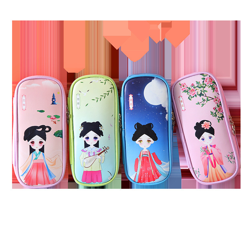 Antique Beauty Series Pu Pen Bag Chinese Style Multi-Functional Large Capacity Waterproof Pencil Box Zipper Stationery Box