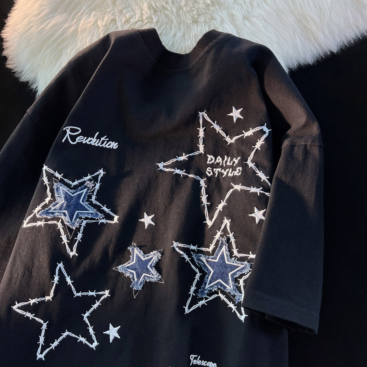 跨境潮牌欧美街头星星上衣嘻哈bf风ins宽松短袖t恤男女学生半袖夏