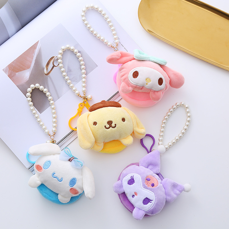 Cute Circle and Creative Plush Sanrio Coin Purse Bag Charm Certificate Card Holder Beaded Lanyard Women's Small Wallet